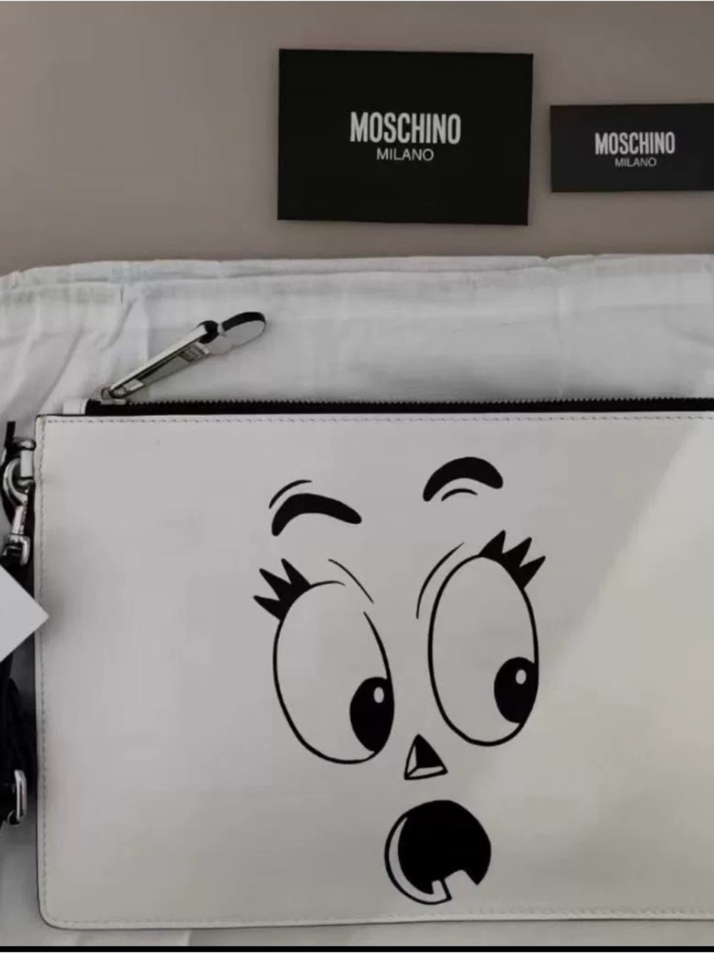 Moschino White Leather Graphic Face Clutch Halloween Style